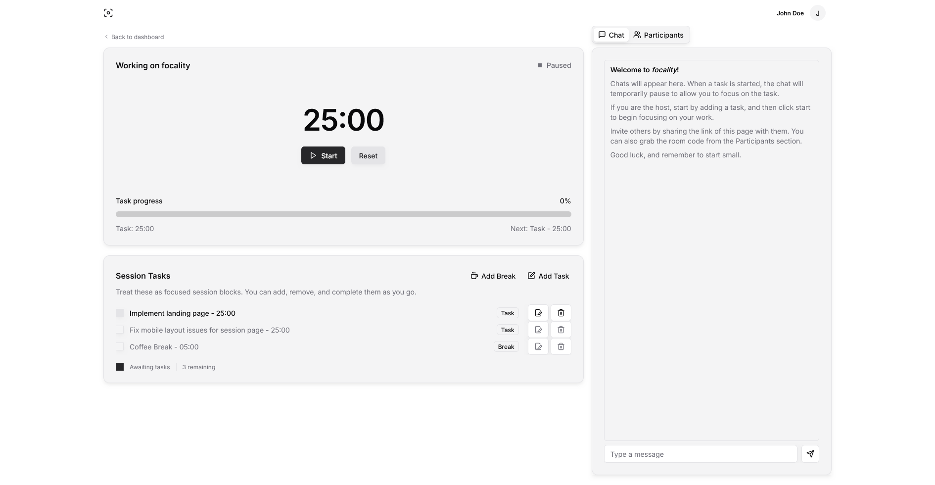 Screenshot of the dashboard page in focality
