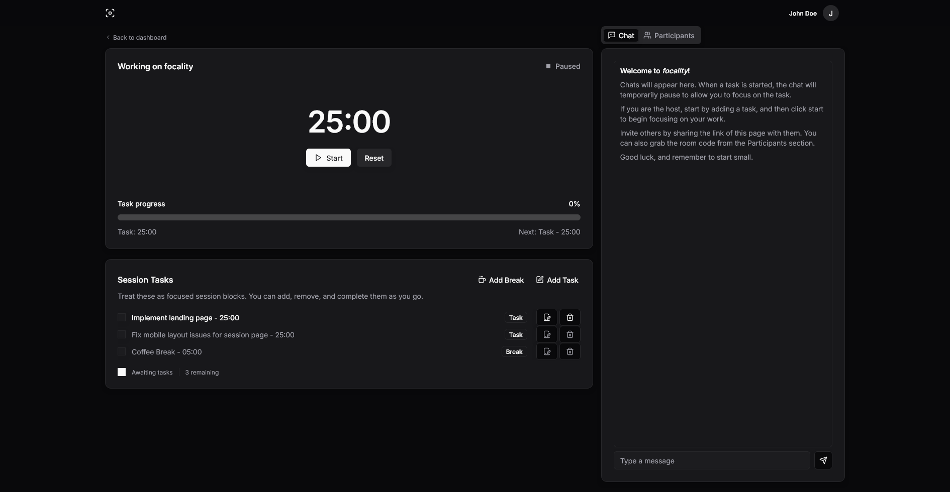 Screenshot of the dashboard page in focality
